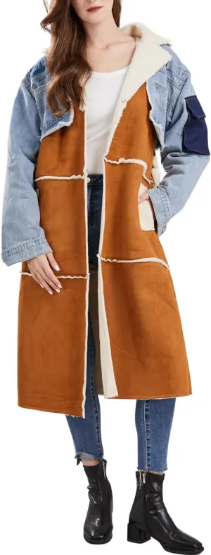yoeasy Women's Color Block Lapel Sherpa Lined Long Jacket Belt Denim Splicing Coats With Pockets