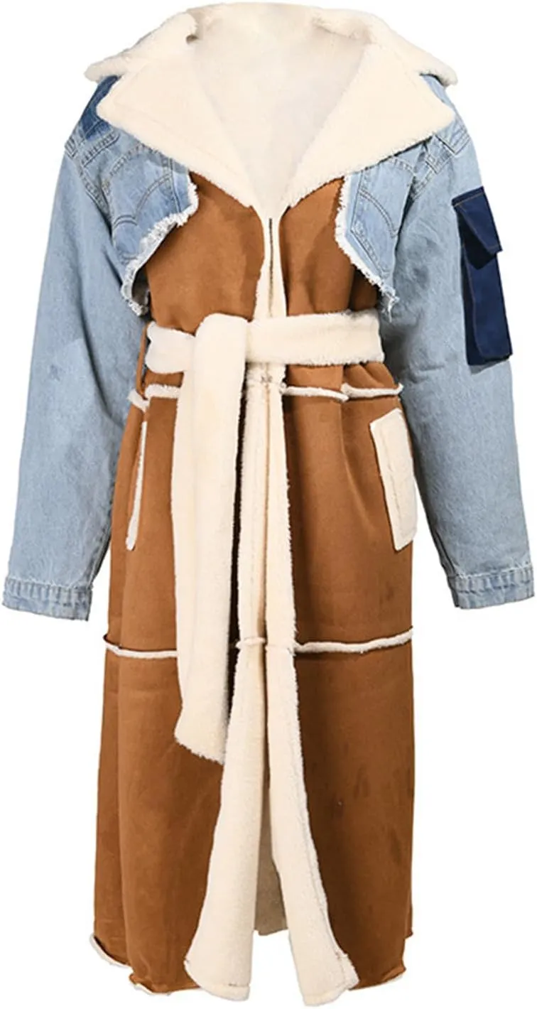 yoeasy Women's Color Block Lapel Sherpa Lined Long Jacket Belt Denim Splicing Coats With Pockets
