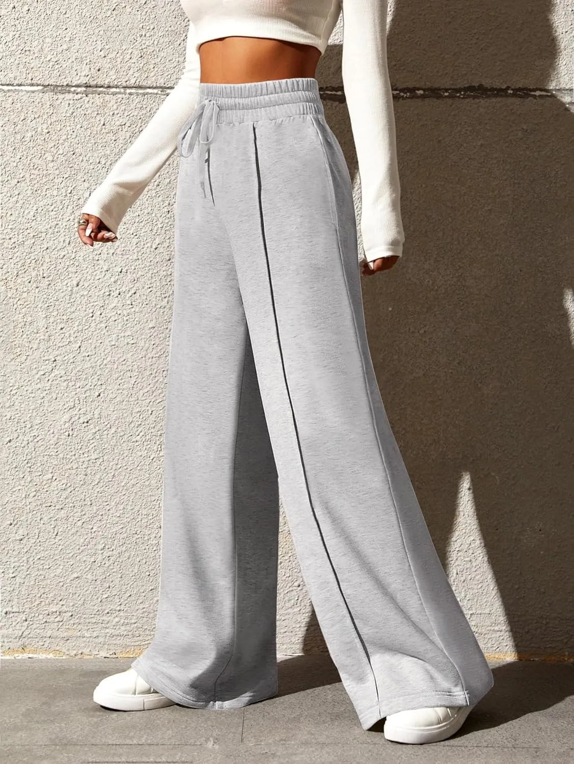 Yousify Wide Leg Sweatpants for Women Casual Elastic High Waisted Drawstring Long Pants with Pockets