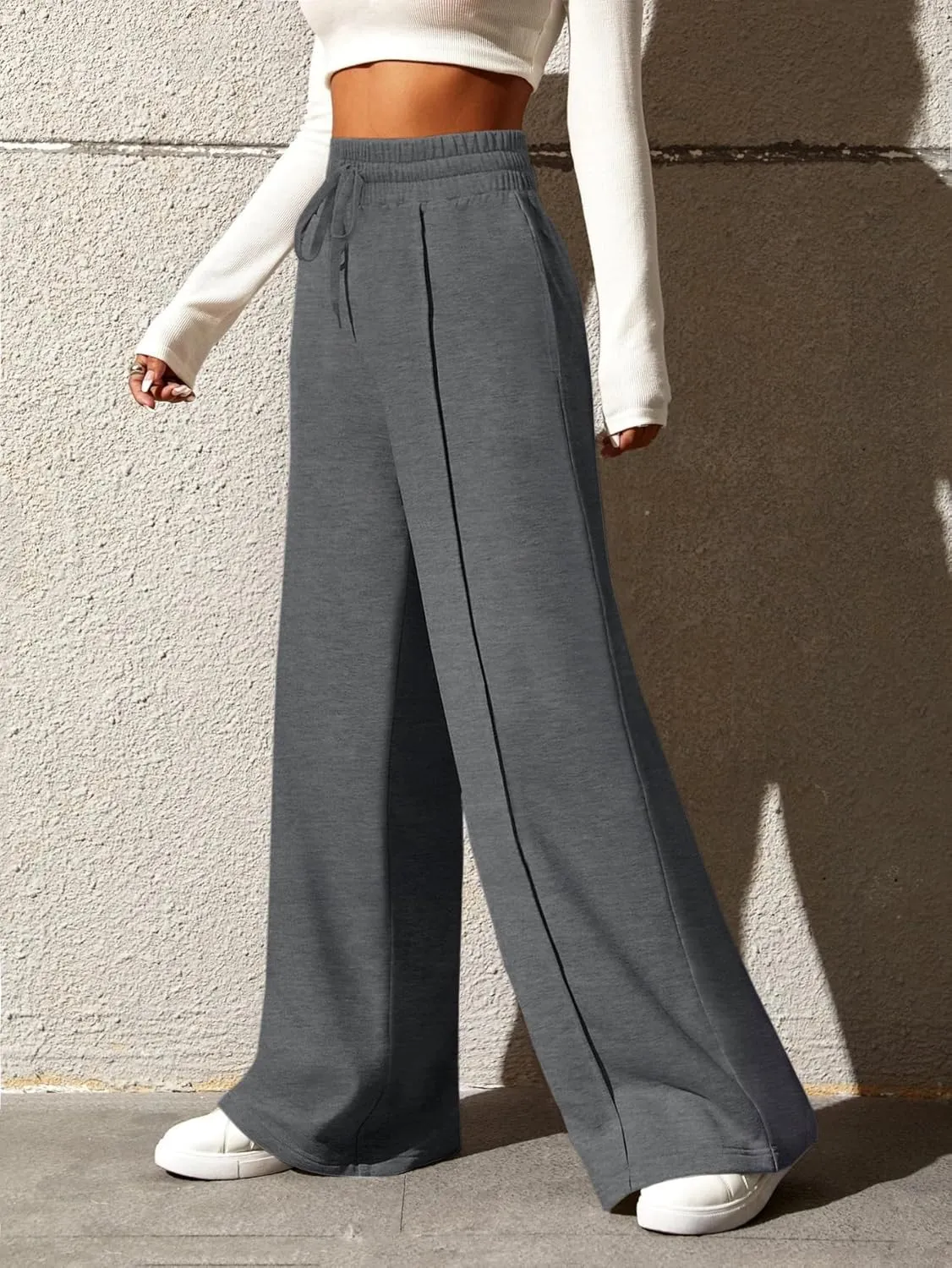 Yousify Wide Leg Sweatpants for Women Casual Elastic High Waisted Drawstring Long Pants with Pockets