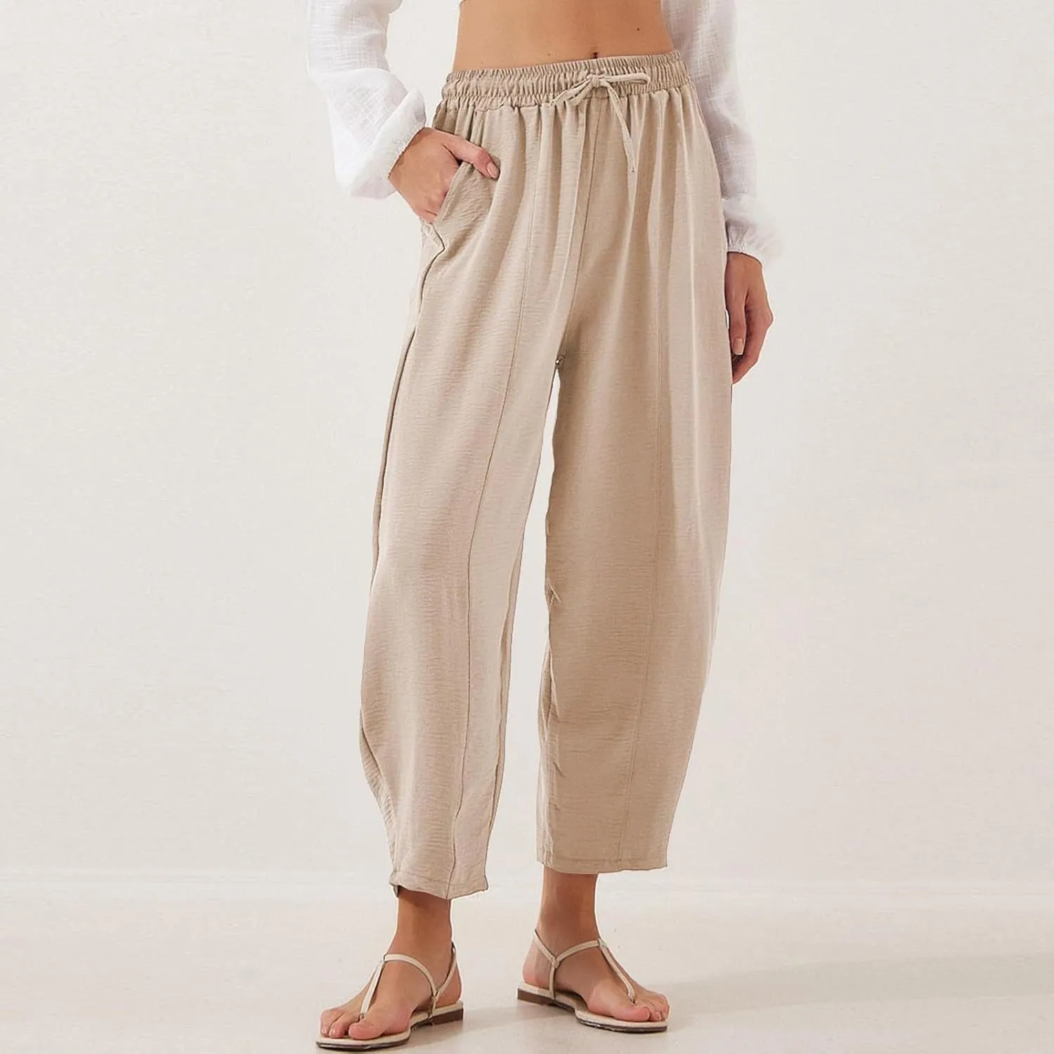 ZEFOTIM Wide Leg Pants for Women Drawstring High Waisted Trousers Solid Color Comfy Pants with Pocket