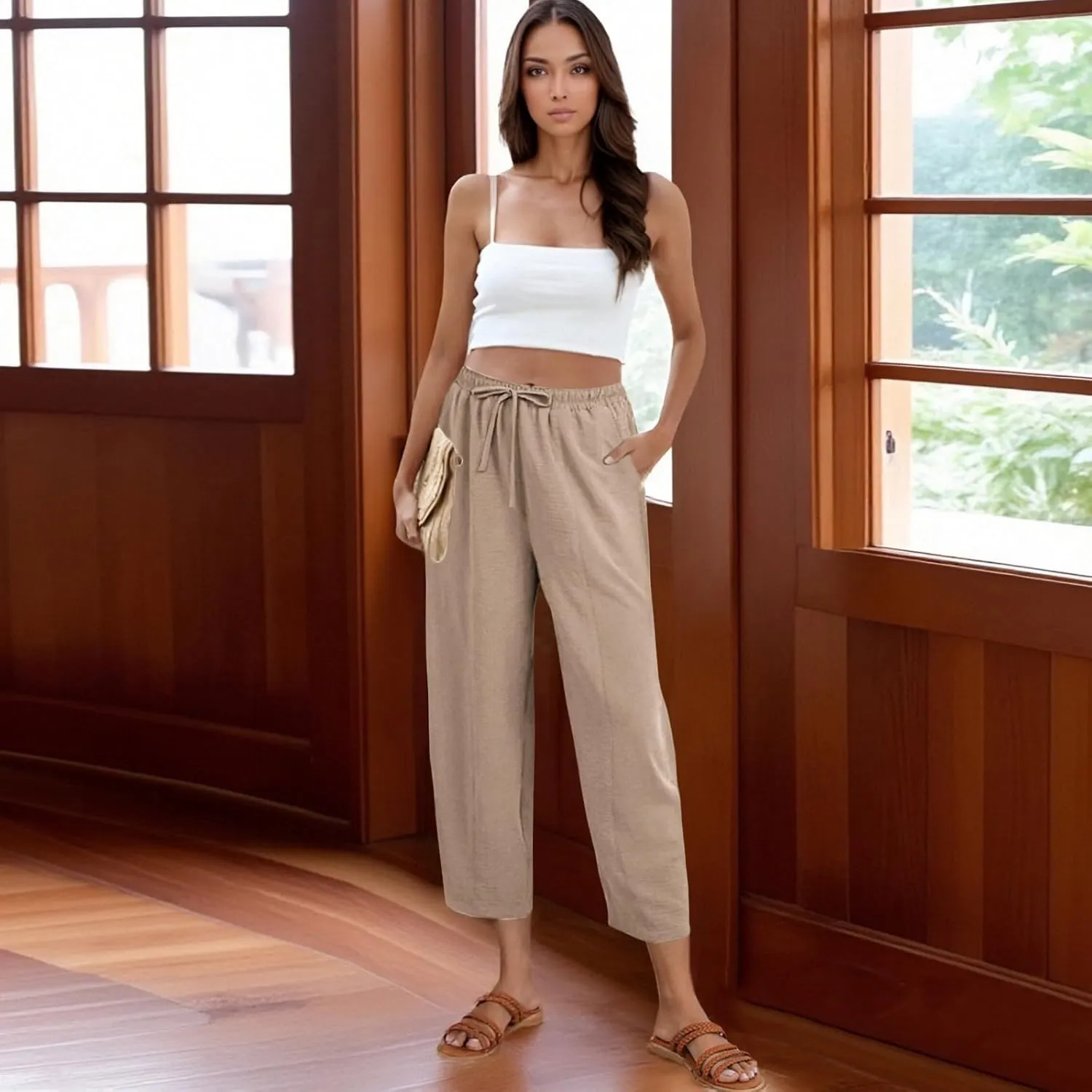 ZEFOTIM Wide Leg Pants for Women Drawstring High Waisted Trousers Solid Color Comfy Pants with Pocket