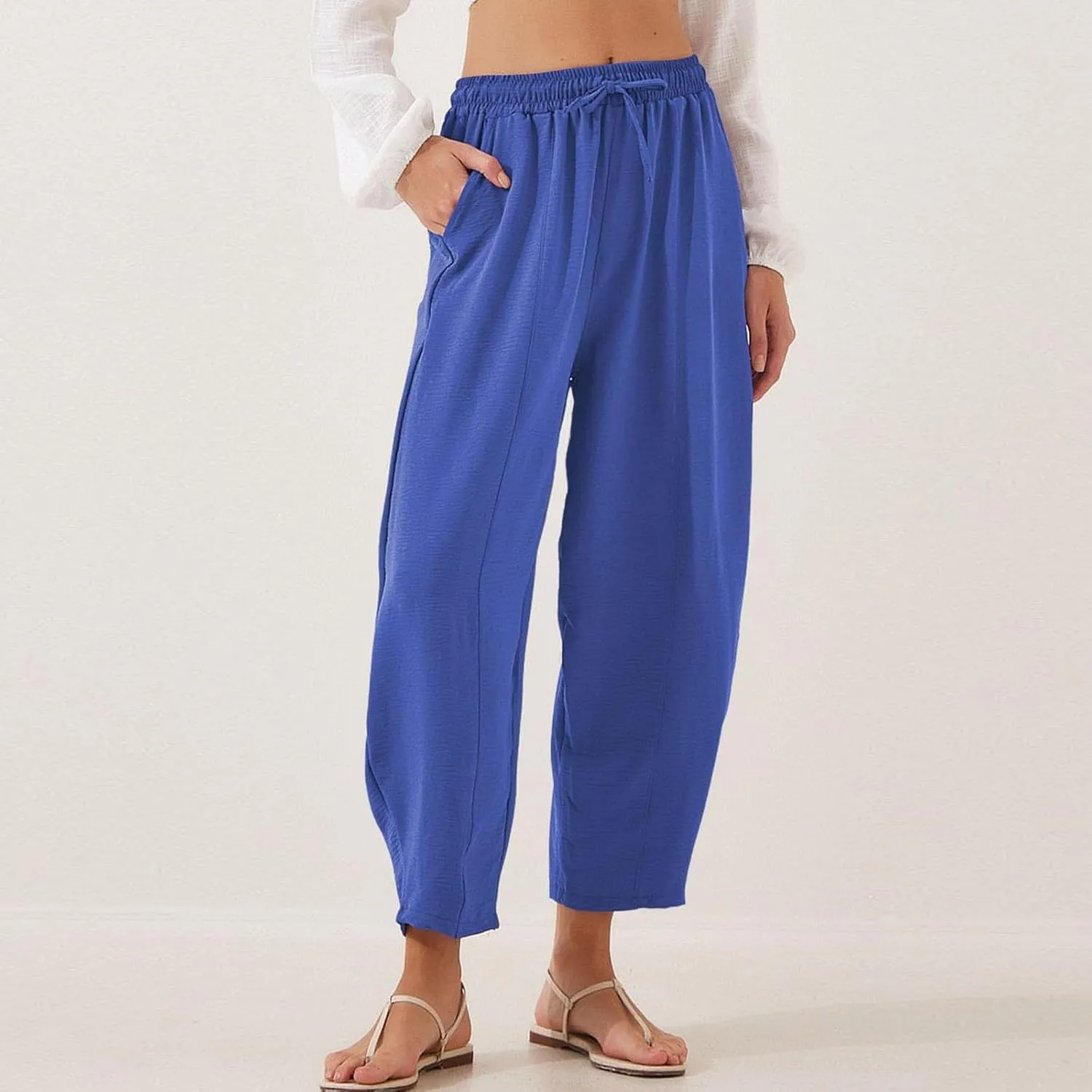 ZEFOTIM Wide Leg Pants for Women Drawstring High Waisted Trousers Solid Color Comfy Pants with Pocket