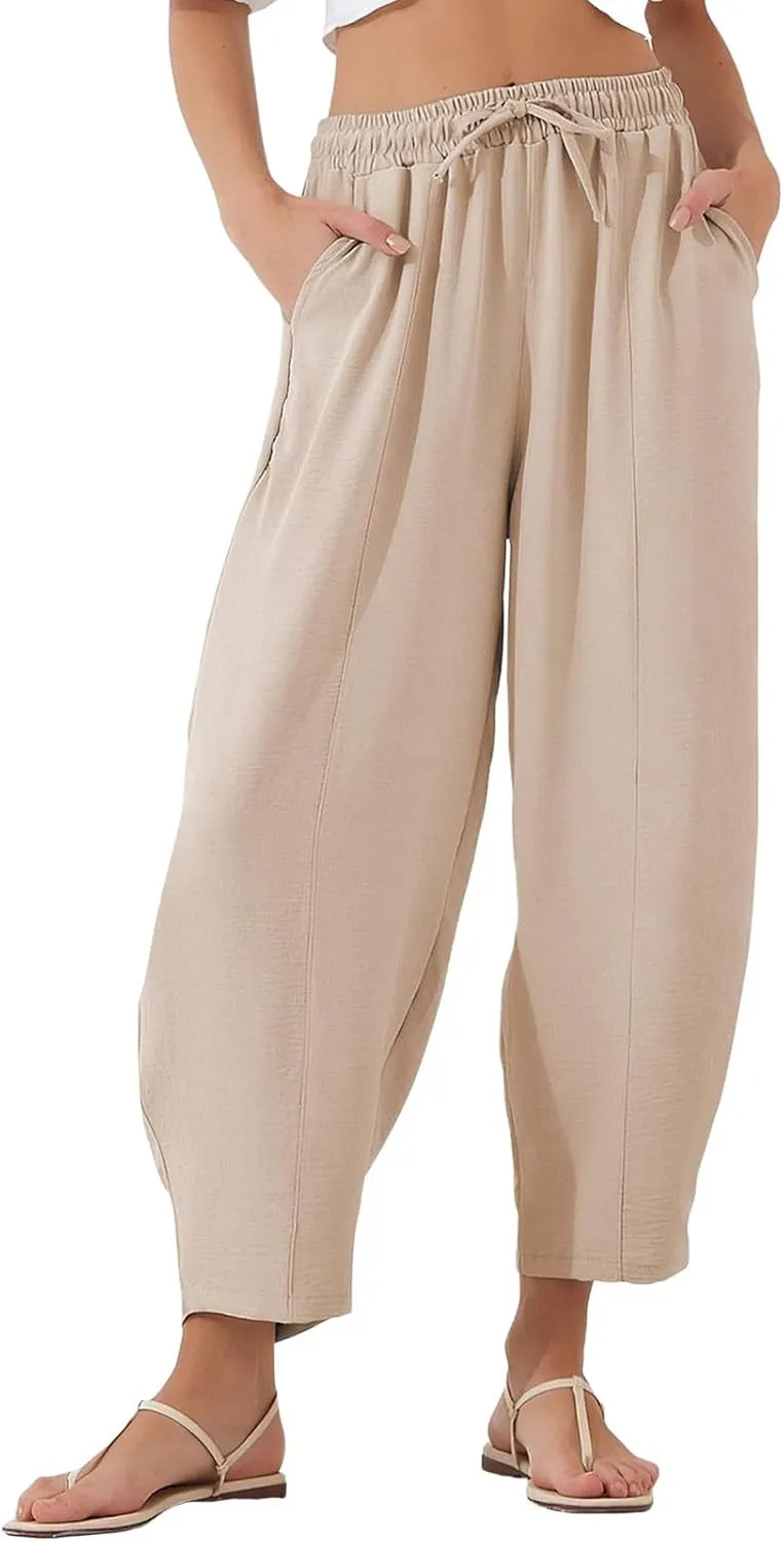 ZEFOTIM Wide Leg Pants for Women Drawstring High Waisted Trousers Solid Color Comfy Pants with Pocket