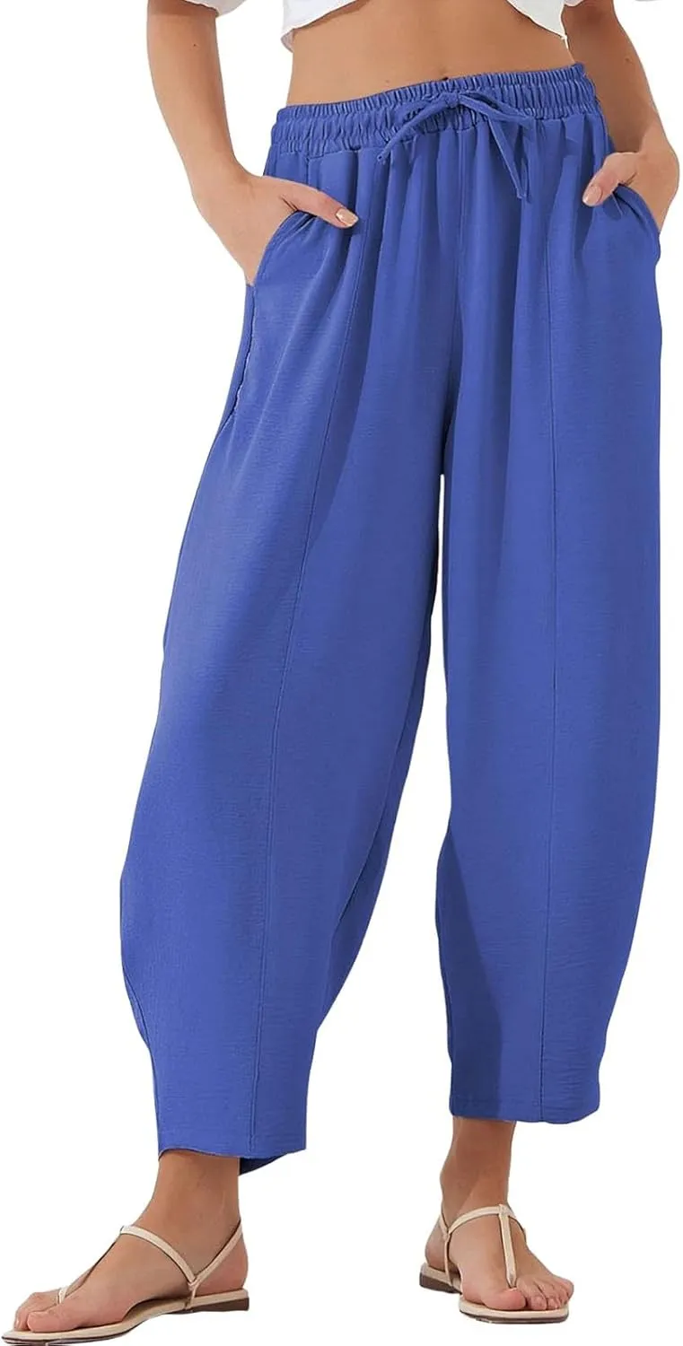 ZEFOTIM Wide Leg Pants for Women Drawstring High Waisted Trousers Solid Color Comfy Pants with Pocket