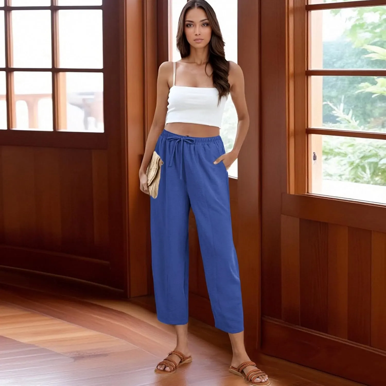 ZEFOTIM Wide Leg Pants for Women Drawstring High Waisted Trousers Solid Color Comfy Pants with Pocket