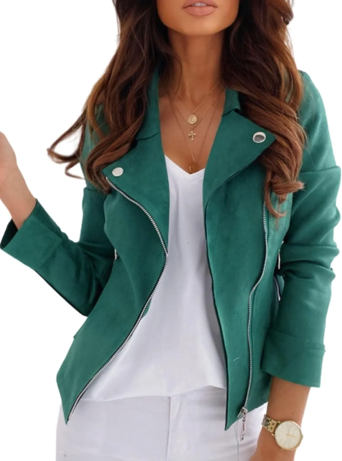 Zipper Suede Jacket for Women Long Sleeve Cropped Leather Coat Slim Fit Fashion Moto Biker Outwear Fall Winter Clothes