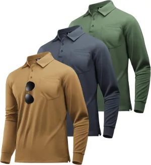ZITY 3 Pack Long Sleeve Polo Shirts for Men with Pocket Moisture Wicking Outdoor Workwear Office Casual Collared Shirts Fall